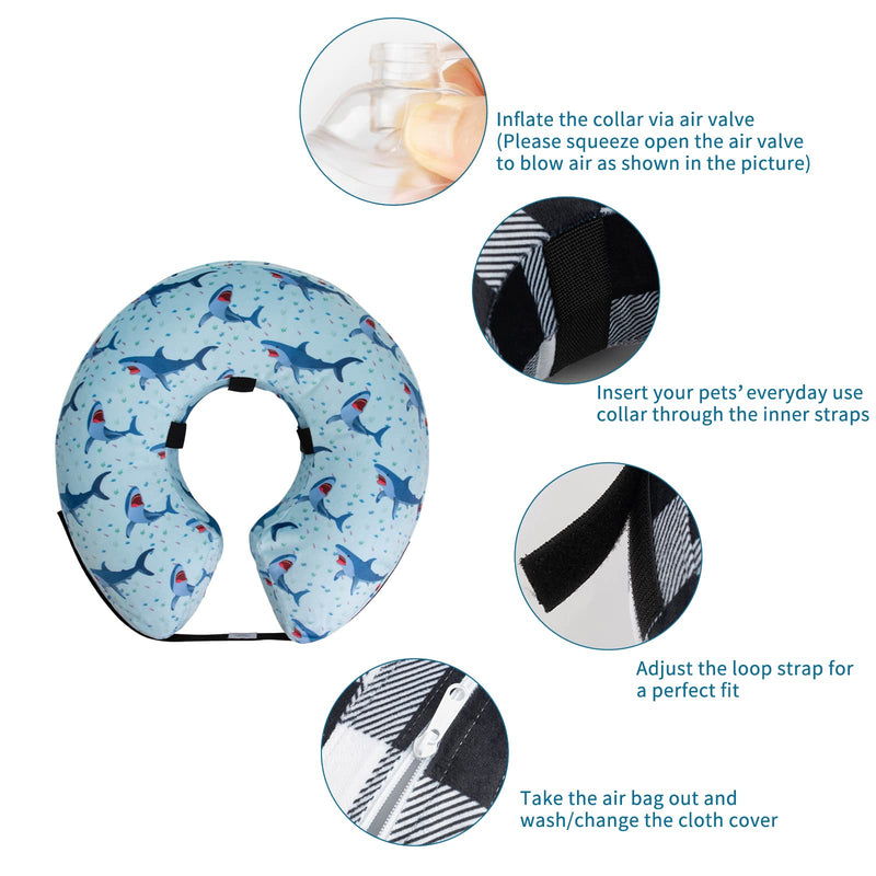 CuteBone Inflatable Protective Collar with 2 Pack Soft Pet Recovery Cone Covers for Small/Medium/Large Dogs and Cats After Surgery GWB05XL-DE Shark Polyester - PawsPlanet Australia