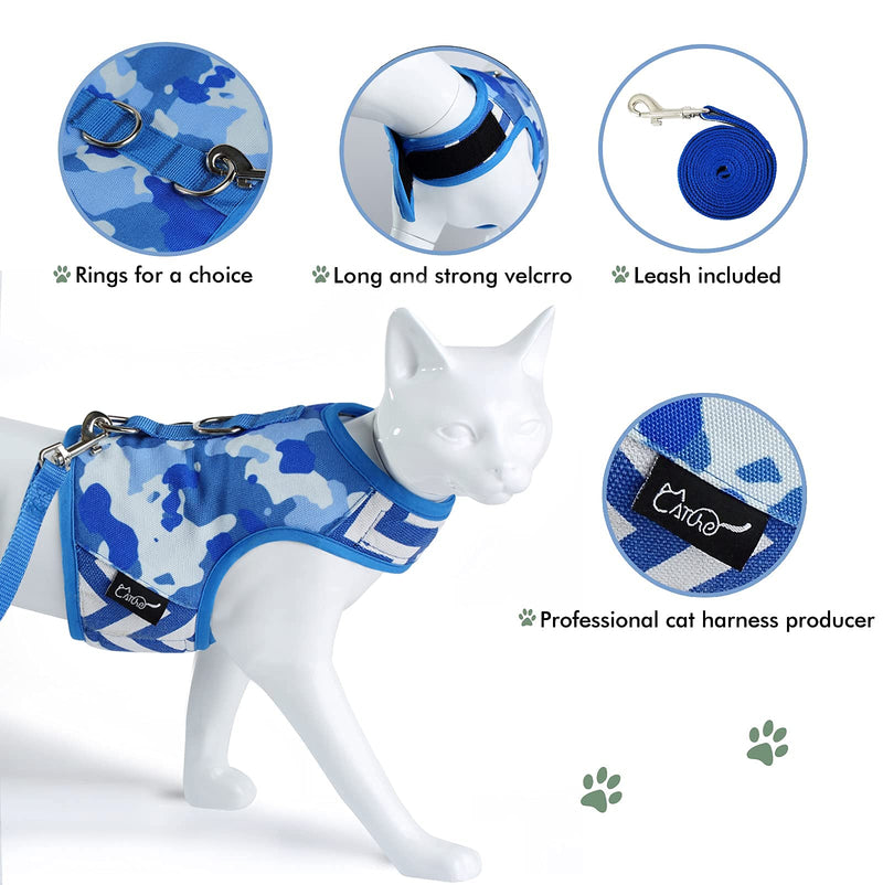 Yizhi Miaow Escape Proof Kitten Harness with Leash Small, Adjustable Kitten Walking Jackets, Padded Kitten Vest Blue Camo - PawsPlanet Australia