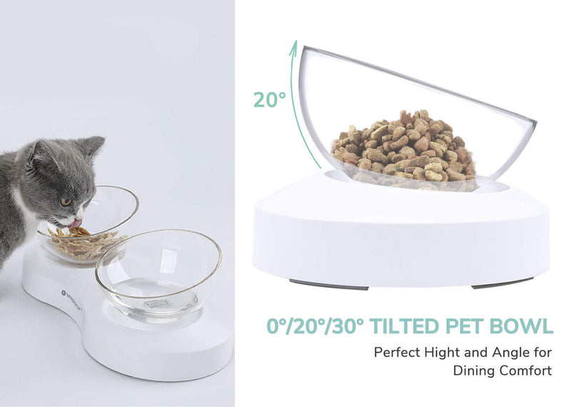 LumoLeaf Dog Cat Bowls, Elevated Cat Bowl, Transparent Raised Cat Food Water Bowl, 0-30° Tilted Design, Cat Food Dish Stand for Kitty and Puppy, Stress Free, Upper Rack Dishwasher Safe. Double Bowls - PawsPlanet Australia