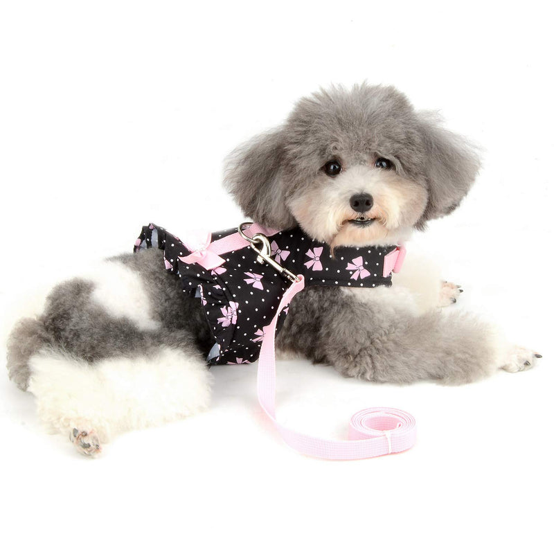 SMALLLEE_LUCKY_STORE Bow Flower Print Cat and Small Dog Harness Dress with Leash for Girls Adjustable No Pull Escape Proof Soft Walking Jacket Waterproof Puppies Kitten Harness Vest Outdoor XS(chest 12-13.5") black bows - PawsPlanet Australia