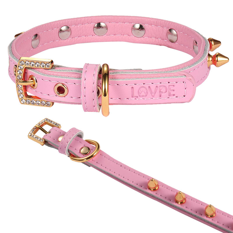 LOVPE Dog Collar/Cat Collar Golden Spiked Studded Double layer Leather Pet Collars with Golden Rhinestone Buckle for Puppy Cats Small Medium Dogs (S, Pink) S - PawsPlanet Australia