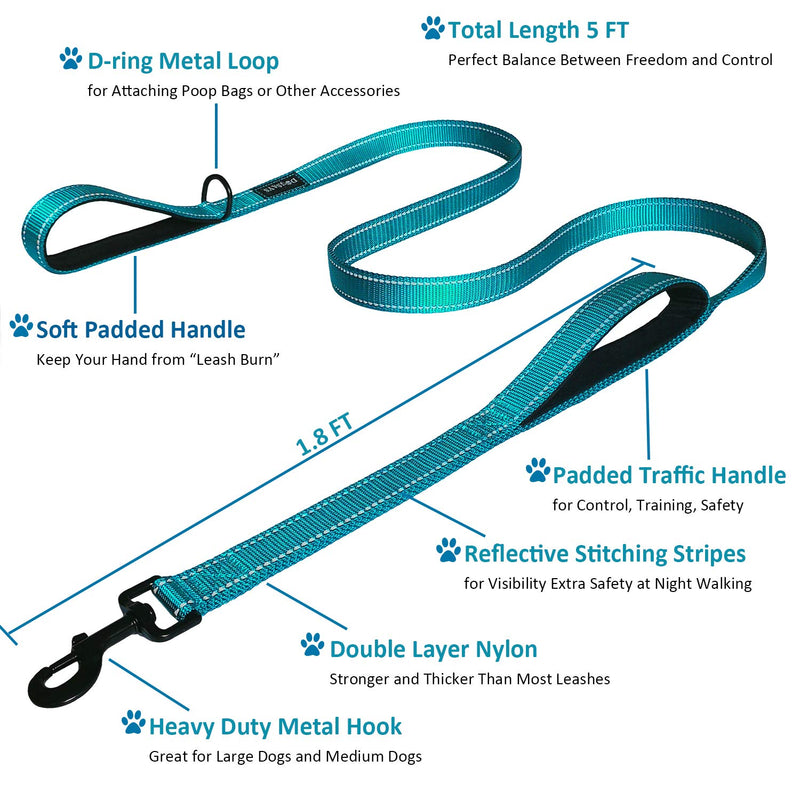 [Australia] - DOGSAYS Dog Leash 5ft Long Traffic Padded Two Handle Heavy Duty Double Handles Lead for Large Dogs or Medium Dogs Training Reflective Leashes Dual Handle (5 FT, Turquoise) 