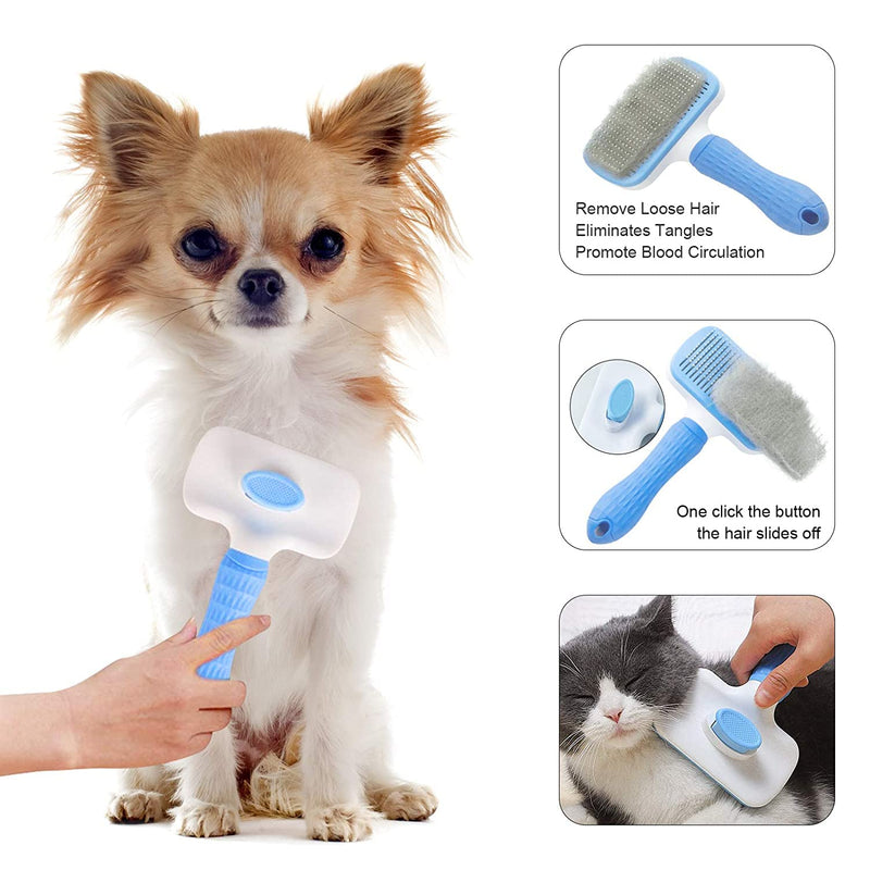 Cat Hair Brush Set, Soft Grooming Shedding Massage Brush for Cat and Dog with One Click Hair Removal Function, Including Cat Nail Clippers, Files, Hair Combs Set (Blue) Blue - PawsPlanet Australia