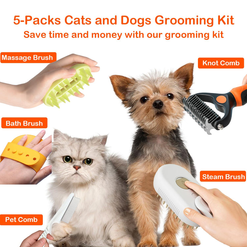 5 Pcs Steamy Cat Brush - 3 In1 Cat Steamy Brush, Self Cleanining Steamy Pet Brush for Cats and Dogs, Cat Hair Grooming Steam Brush for Shedding, Pet Massaging Tool Suitable for Pets Shedding (Brown) Brown - PawsPlanet Australia