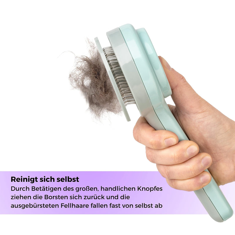 OAMINO | Cat brush | Self-cleaning and extremely time-saving | Dog brush with coated bristle tips for extra gentle brushing grey/blue - PawsPlanet Australia