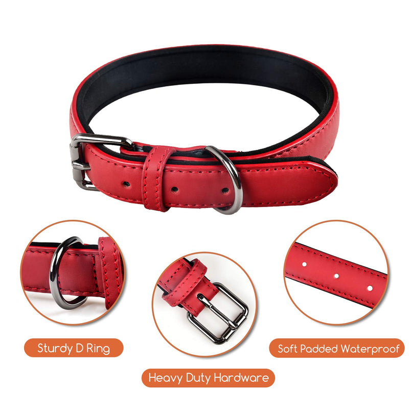 OFHome Leather Dog Collar , Genuine Leather Soft Padded Handmade Pet Collars with Heavy Duty Buckle for Small Medium Large Dogs Cats for Small Large Dogs Cats , Red, 1.0"x21.6" M - PawsPlanet Australia