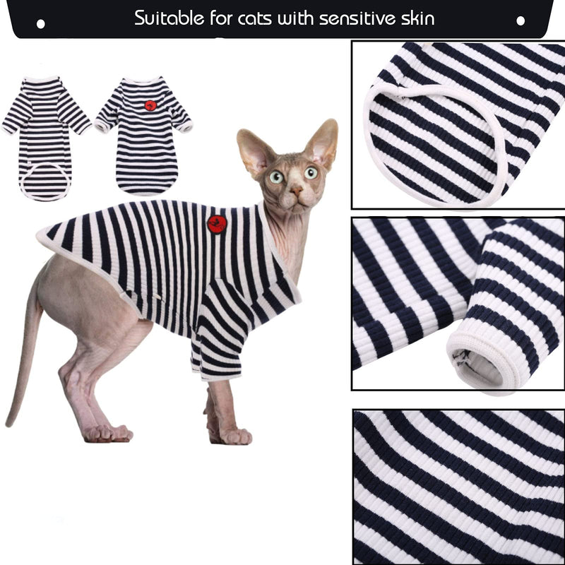 Hairless Cat Cotton Clothes, Sphynx Breathable Summer T-Shirts Stripe Vest Pet Clothes, Soft Stretchable Skin-Friendly Cats Apparel Cat's Pajamas Jumpsuit for Sphynx, Cornish Rex, Devon Rex Peterbald XS(2.2-3.3lb) Blue - PawsPlanet Australia