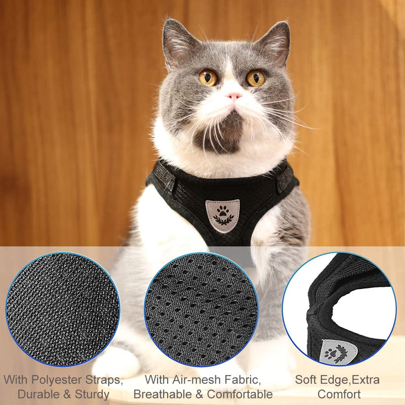 Cat Harness,Kitten Harness with Cat Lead,Escape Proof Cat Harness and Lead Set,Vest with Reflective Strip,Soft & Adjustable Comfort,Step-in Comfortable Outdoor Vest Harness Black - PawsPlanet Australia