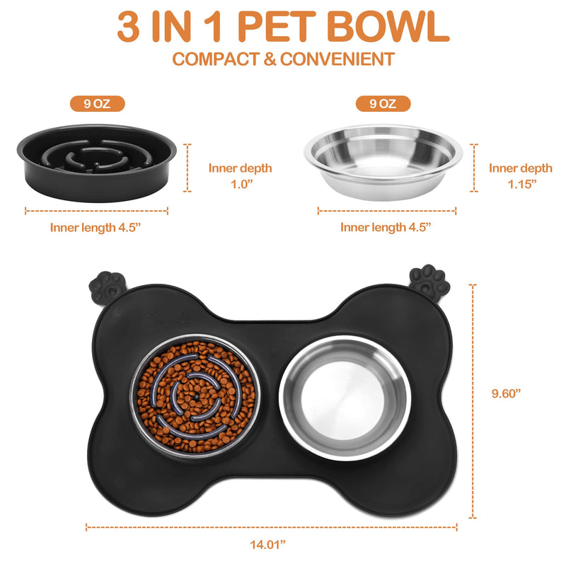 Topcovos Dog Food Bowl,3-in-1 Dog Bowl/Water Bowl&Slow Feeder Puppy Bowl with No Spill Non-Skid Silicone Mat, Dog Dish for Small/Medium/Large Pets Small(9oz) Black - PawsPlanet Australia