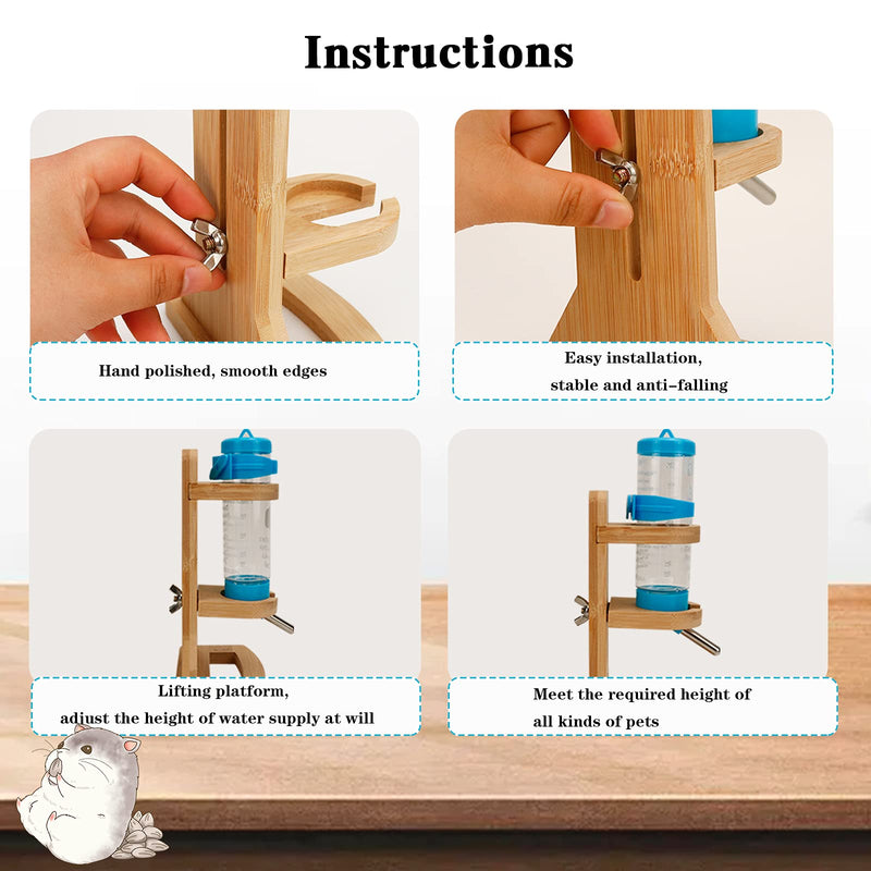 Hamster Water Bottle with Stand, Adjustable Wooden Small Animal Water Dispenser Stand Guinea Pig Water Bottle With Hamster Bowls and plastic spoon for Guinea Pig Rat Hamster Gerbil Chinchilla (125ML) 125ML - PawsPlanet Australia