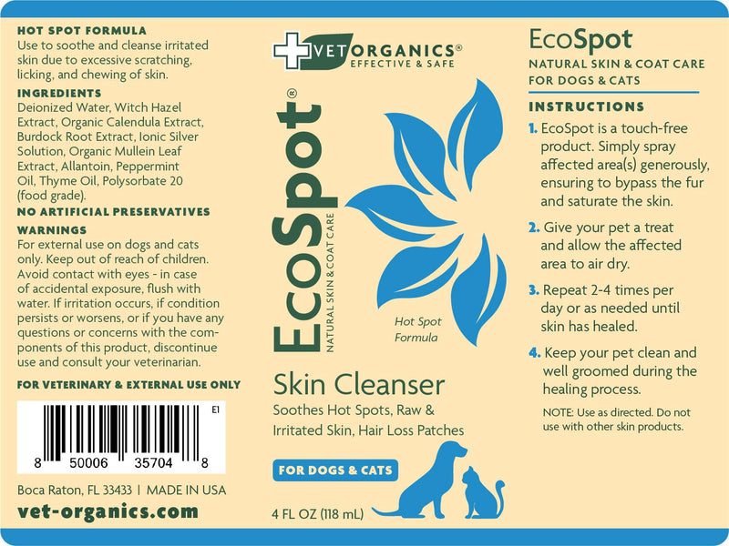 Vet Organics Hot Spot, Anti-Itch Raw Skin Spray for Dogs & Cats. Use Chemical Free EcoSpot for Soothing of Hotspots & Help Healing Begin. 1-Step Treatment: Just Spray & Let Dry. All Natural, 4oz. - PawsPlanet Australia
