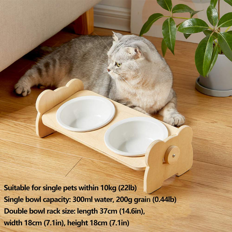 BIGNADO Raised Pet Bowl Stand - Adjustable Bamboo Pet Bowl Holder with Double Ceramic Bowls for Feeding Watering Cats Dogs Puppies, 15° Tilted Non-slip Durable Bowl Station Set - PawsPlanet Australia