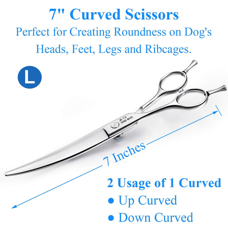 JASON Left Handed 7" Dog Grooming Scissors, Ergonomic Blending, Chunkers, Curved, Straight Cat Pet Hair Trimming Thinning Shears with Offset Handle and a Jewelled Screw, Professional A-7"- Curved - PawsPlanet Australia