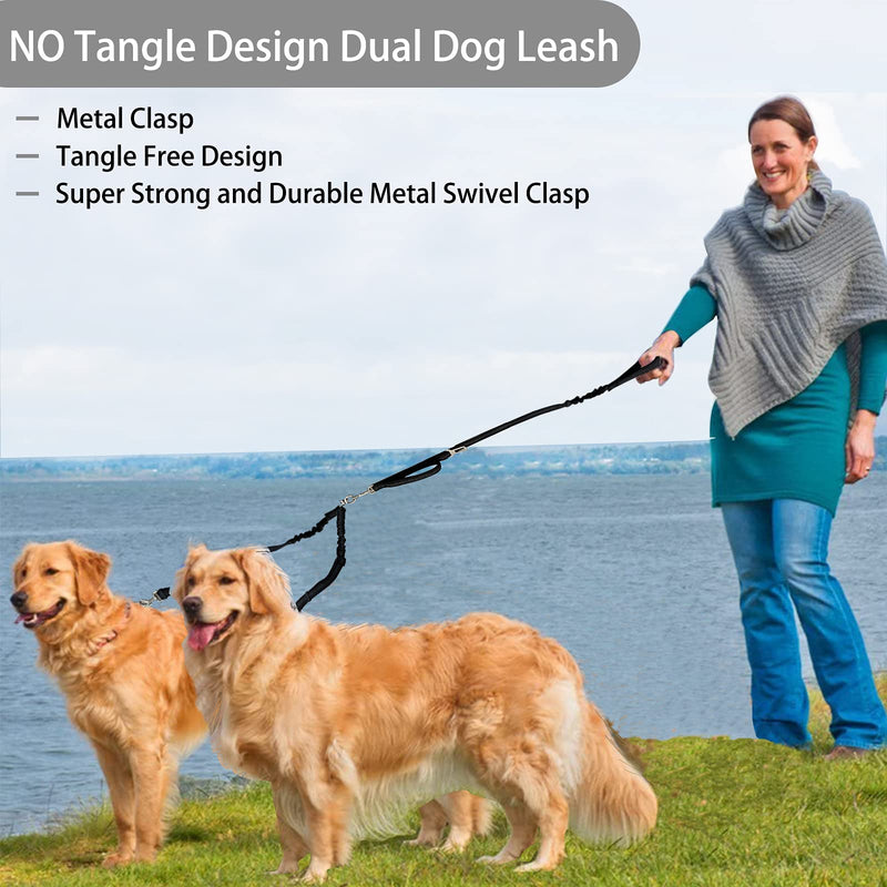 Zhilishu Double Dog Leash, Dual Leash for Dogs 360° No Tangle Two Dogs Leash Adjustable Tangle Free Double Leash for Small Medium Large Dogs Walking Training(Black) Black - PawsPlanet Australia