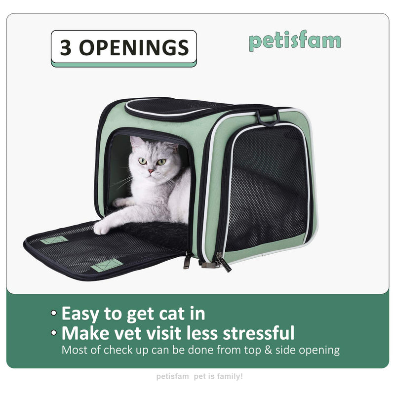 petisfam Pet Carrier for Medium Cats and Small Dogs with Washable Cozy Bed, 3 Doors and Shoulder Strap. Easy to get cat in, Easy to Storage and Escape Proof Light Green - PawsPlanet Australia