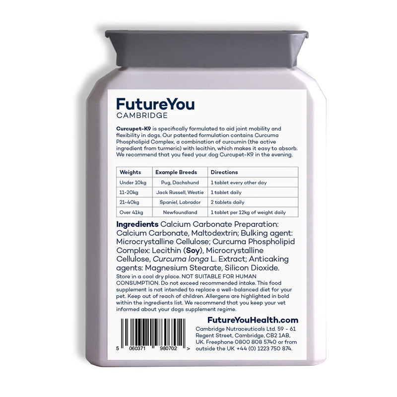 FutureYou Cambridge Curcupet-K9 Turmeric for Dogs - 56 Tablets - Highly Absorbable Joint Health Supplement with Patented Curcumin Formulation - Developed, UK - PawsPlanet Australia
