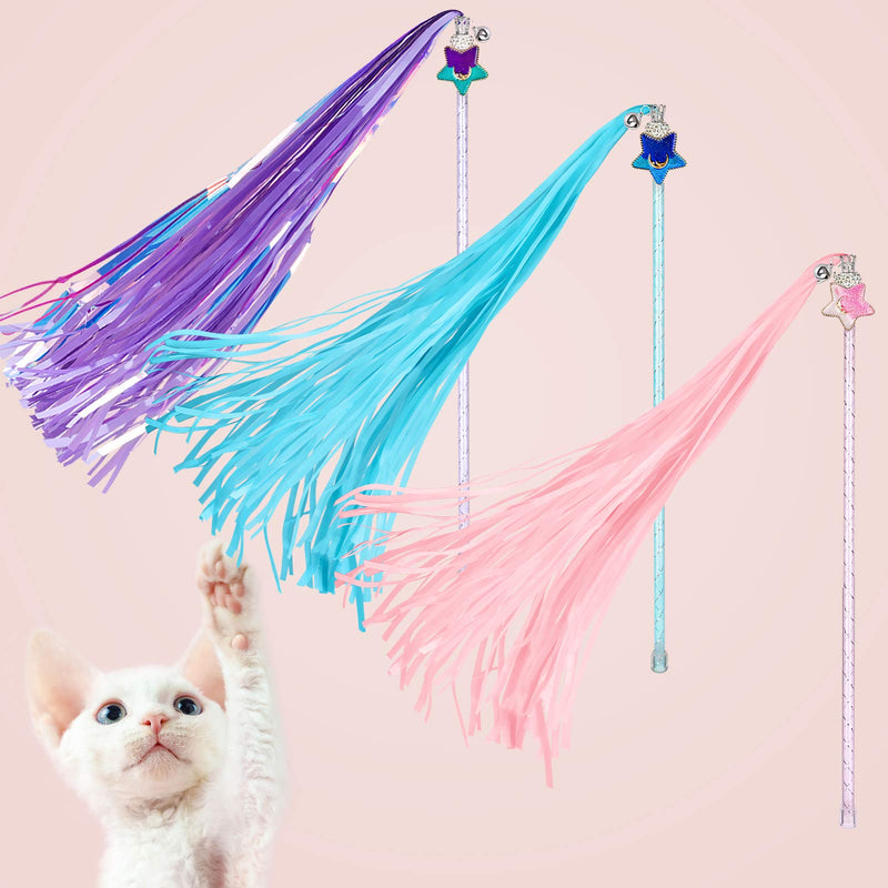 [Australia] - ZooZoo Cat Teaser Toy Handcrafted Fairy Princess Shiny Tassel Wands 3-Color Pack, Glitter Magic Star Crystal Beaded Crown Large Jingle Bell Interactive Fun Play Pet Stimulate Active Exercise Entertain 