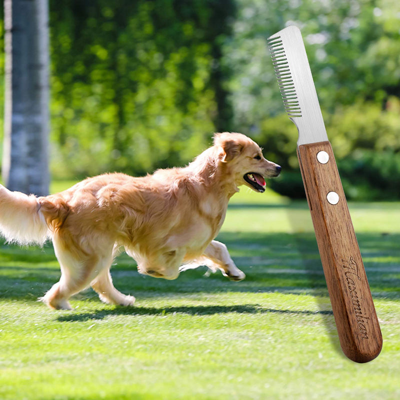 Dog trimming knife with wooden handle for dull dogs, rough-haired dachshund, fine top coat terrier, medium stripping knife, brown right-handed trimming knife, pet grooming tool for pet pet undercoat - PawsPlanet Australia