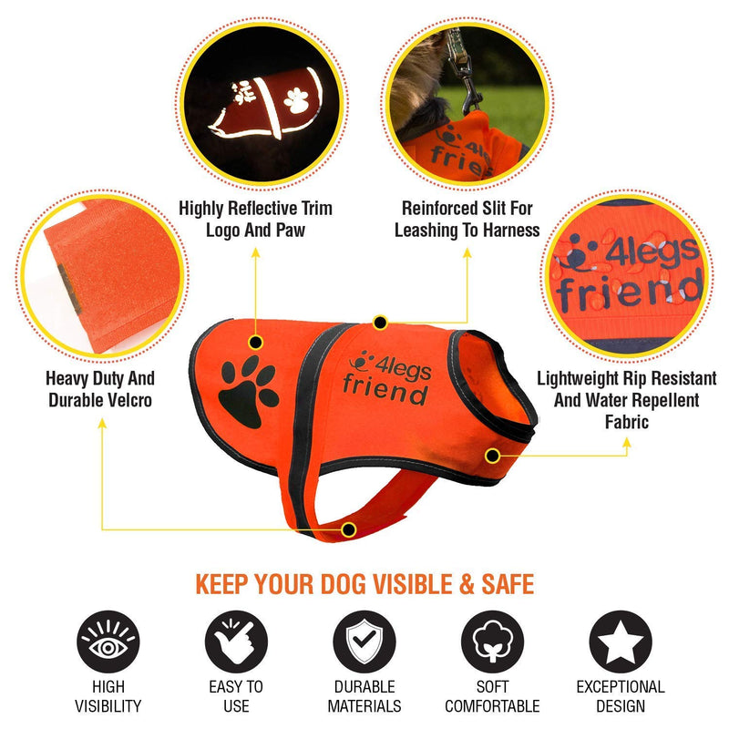 4LegsFriend Fleece Dog Vest - 5 Sizes fit Dogs 8lbs-120lbs - Blaze Orange - Fluorescent High Visibility Jacket for Pets - for Night Walking On or Off Leash - Protects from Cars & Hunting Accidents X-Small - PawsPlanet Australia
