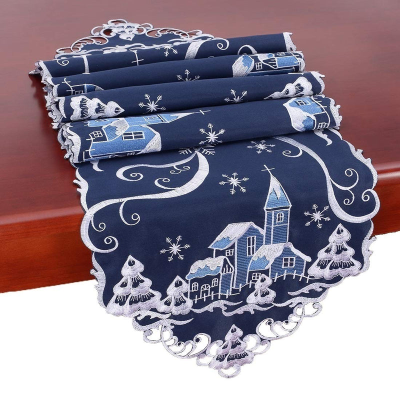 Simhomsen Decorative Navy Blue Table Runners for Christmas Holidays, A Charming Village in A Snowing Winter Night, Embroidered 14 × 69 inch 14 by 69 inch - PawsPlanet Australia