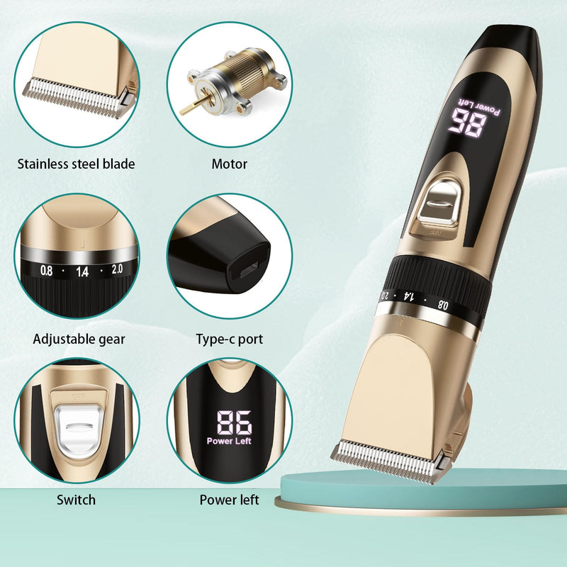 Sjpzwcrl Dog Clipper Professional Clipper Dog Cat Rechargeable Wireless Pet Hair Trimmer Electric Dog Trimmer Kit with LCD Display for Dog Cat Pet Gold - PawsPlanet Australia