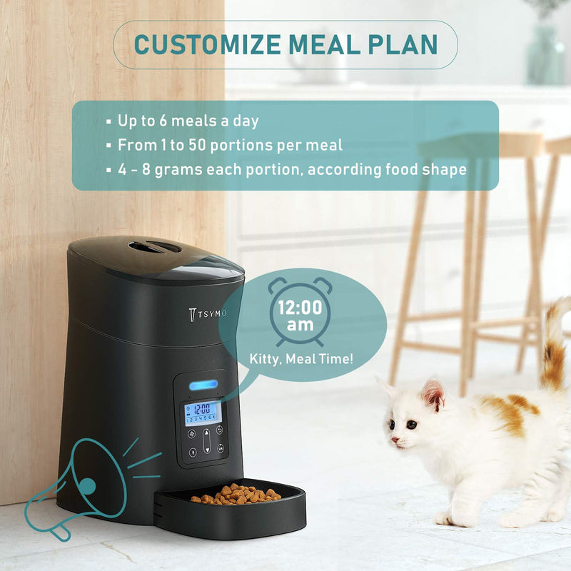 TSYMO Automatic Cat Feeder - 1-6 Meals Auto Dog Food Dispenser with Anti-Clog Design, Timer Programmable, Voice Recording & Portion Control for Small & Medium Pets, 4 Liters - Black - PawsPlanet Australia