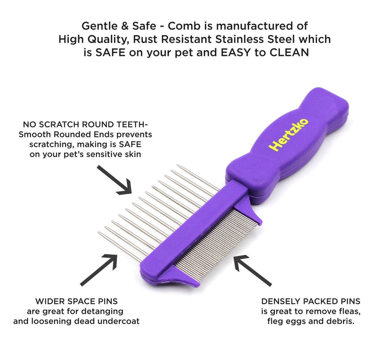 Hertzko Double Sided Flea Comb Densely Packed Pins Removes Fleas, Flea Eggs, and Debris, and The Wider Spaced Pins Detangles and Loosens Dead Undercoat - Suitable for Dogs and Cats - PawsPlanet Australia