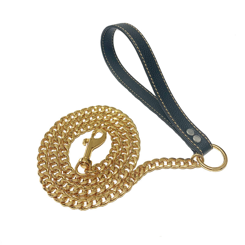 Strong Stainless Steel Gold Chain Dog Leash,with Leather Handle,12mm Width 18K Gold Plated NK Link Chain Leash,Metal Leash for Small Medium & Large Dogs 3ft (36 inch) - PawsPlanet Australia