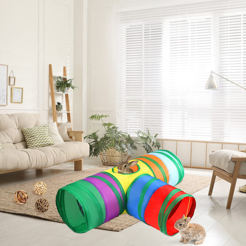 Tiibot 4 Packs Collapsible Rabbit Toys 3 Way Bunny Tunnel Chew Toys Large Bunny Hideout Tunnel Small Animal Activity Tunnel Toys for Rabbits Pig Ferret Guinea Rainbow - PawsPlanet Australia