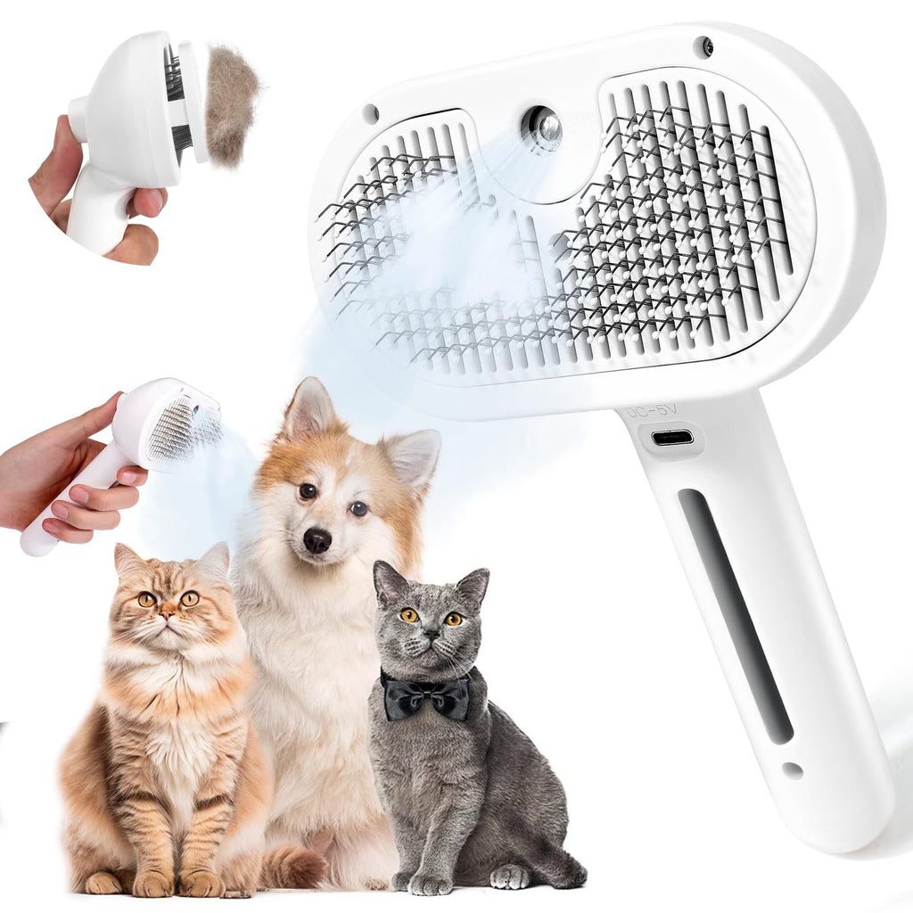 Cadeya Cat Steam Brush, Cat Steamy Brush with Release Button, Self Cleaning Spray Comb for Long and Short Haired Cats, Rechargeable Steaming Cat Grooming Brush Steamer to Remove Loose Hair White - PawsPlanet Australia