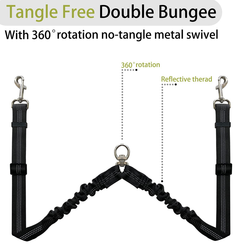 Zhilishu Double Dog Leash, Dual Leash for Dogs 360° No Tangle Two Dogs Leash Adjustable Tangle Free Double Leash for Small Medium Large Dogs Walking Training(Black) Black - PawsPlanet Australia