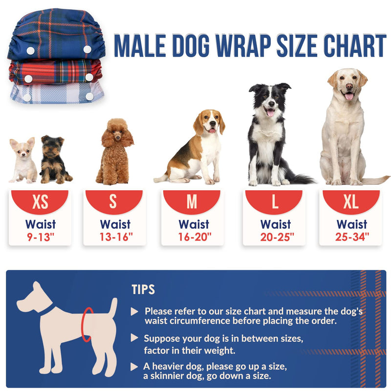 SlowTon Washable Dog Diapers Male - with Removable Pads - 3 Pack Reusable Dog Belly Bands Male Dog Belly Wrap (Plaid, Large) Large (Waist 20"-25") Plaid - PawsPlanet Australia