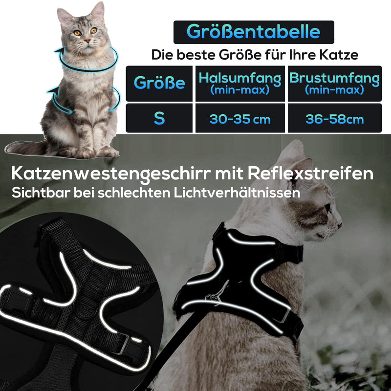 Cat harness with leash - Cat Harness - Cat harness for Maine Coon and for large cats - Cat leash - 1 piece (Schwartz S) - Cat harness with leash for GOOD QUALITY - PawsPlanet Australia