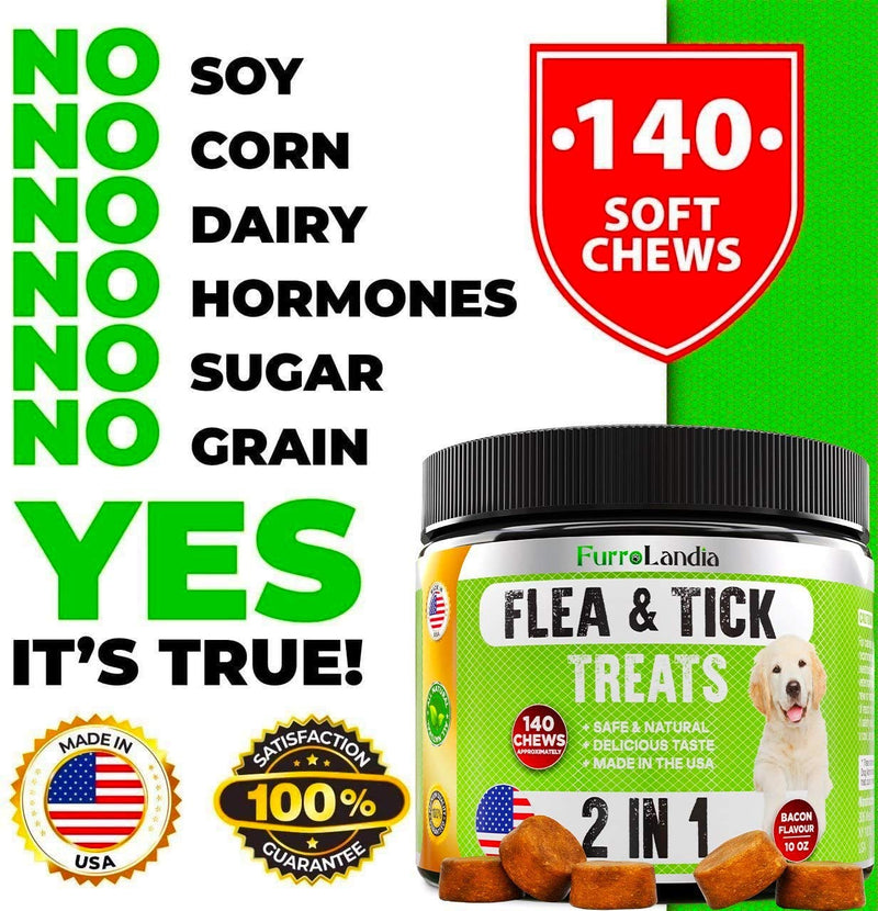 FurroLandia Chewable Flea & Tick Treats for Dogs - Made in USA - 140 Soft Chews - Natural Flea and Tick Supplement for Dogs | No Mess | No Collars - Bacon Flavor - PawsPlanet Australia