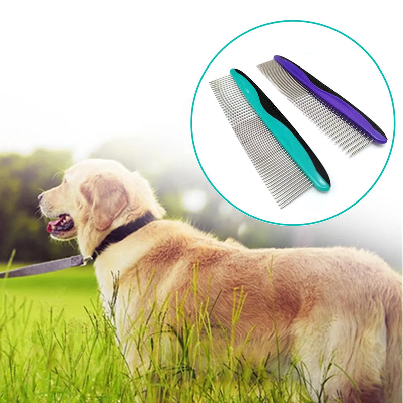 Metal Dog Comb, Stainless Steel Pet Comb Pet Grooming Comb Rounded Teeth Dog Comb for Large, Medium and Small Dogs and Cats with Tangled Short Long Hair (Purple) Purple - PawsPlanet Australia