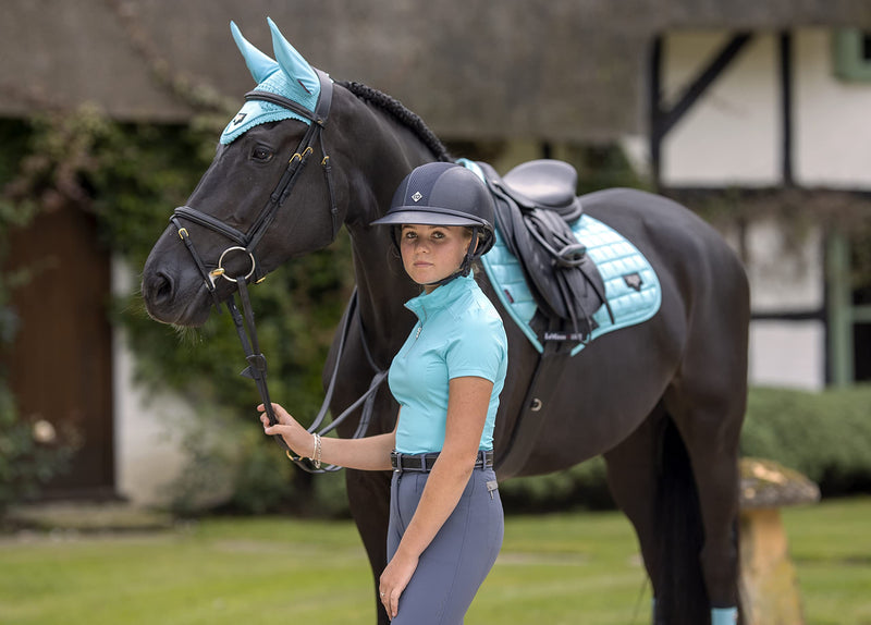 LeMieux Loire Horse Fly Hood in Azure - Stylish Hand Knitted Crotchet - Soft Stretchy Comfortable Lycra Ears Luxurious Satin Front Fly Protection Mask M - PawsPlanet Australia