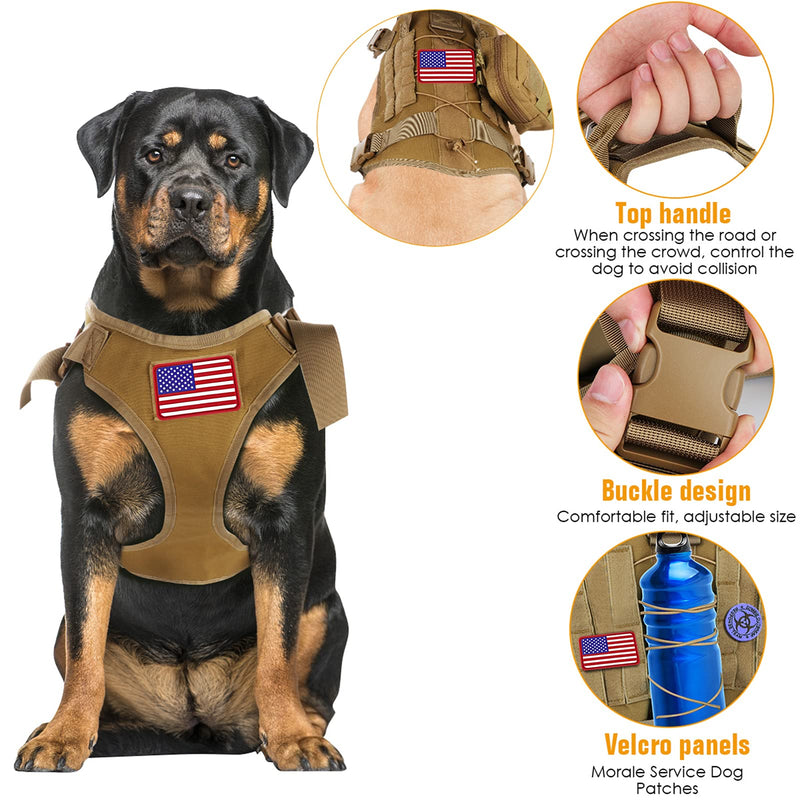 Pruk Tactical Dog Harness Set, K9 Dog Harness Military Dog Vest Collar Leash with Molle Pouch and Patch, No Pull Tactical Dog Vest for Large Dog, Service Dog Harness for Training Hiking(Khaki, M) Khaki M(Neck: 19"-29", Bust: 19"-27") - PawsPlanet Australia