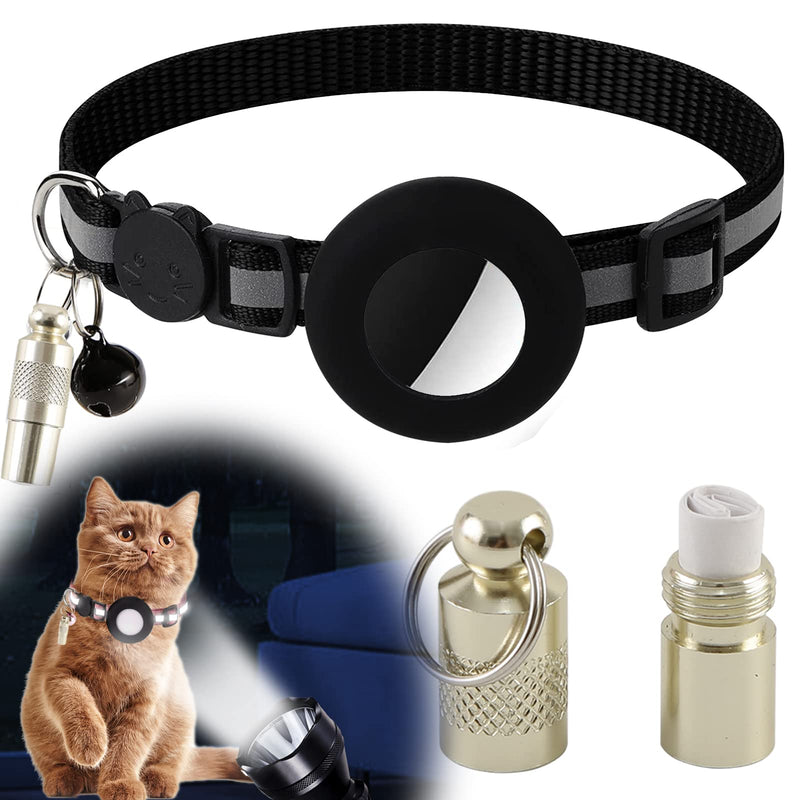 AirTag cat collar with AirTag holder, reflective cat collar with bell, name, address and safety clasp, adjustable 18-27 cm cat collar for girls, boys, kittens, puppies, black reflective - PawsPlanet Australia