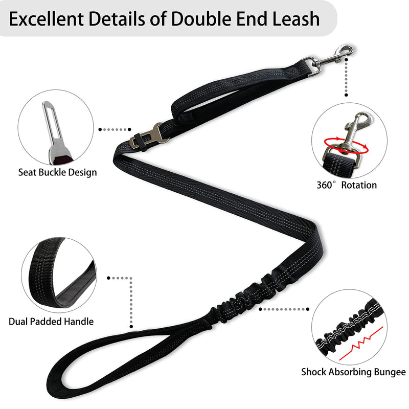 Kelivi Double Dog Lead, Dual Lead for Dogs No Tangle with Two Padded Handle & Car Seat Belt Buckle, 360° Swivel Heavy Reflective Adjustable Bungee Double Dog Leash for Walking Medium Large Dog (Black) Black - PawsPlanet Australia