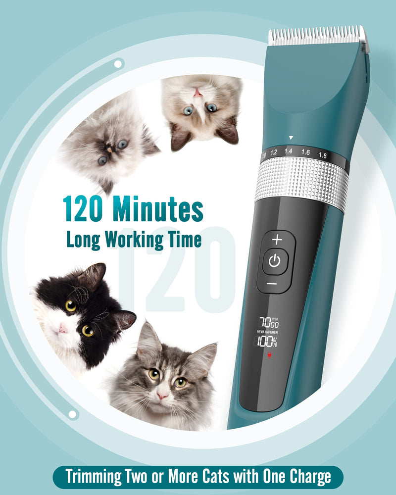 oneisall Cat Clipper Quiet, Professional Hair Clipper for Long-Haired Cats, 5-Speed Cat Razor with LCD Display, IPX6 Waterproof, Easy to Clean (Green) Green - PawsPlanet Australia