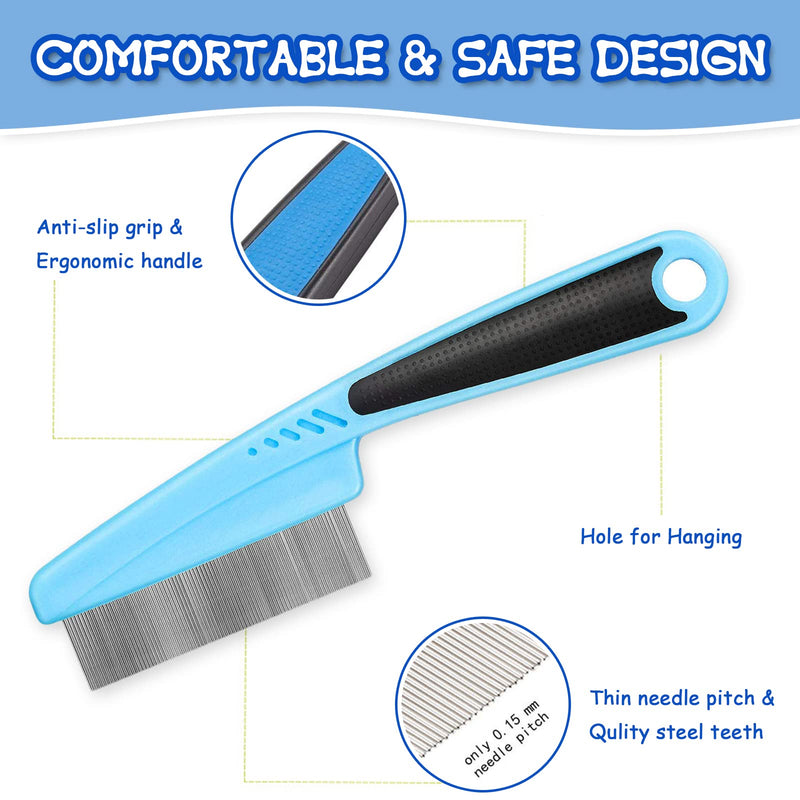 ExceLife Flea Comb for Dogs Cats, Rubber Handle Dog Hair Comb Stainless Steel Grooming Brushes for Removing Tear Stains, Fleas, Dandruff, Lice (Blue) Blue - PawsPlanet Australia