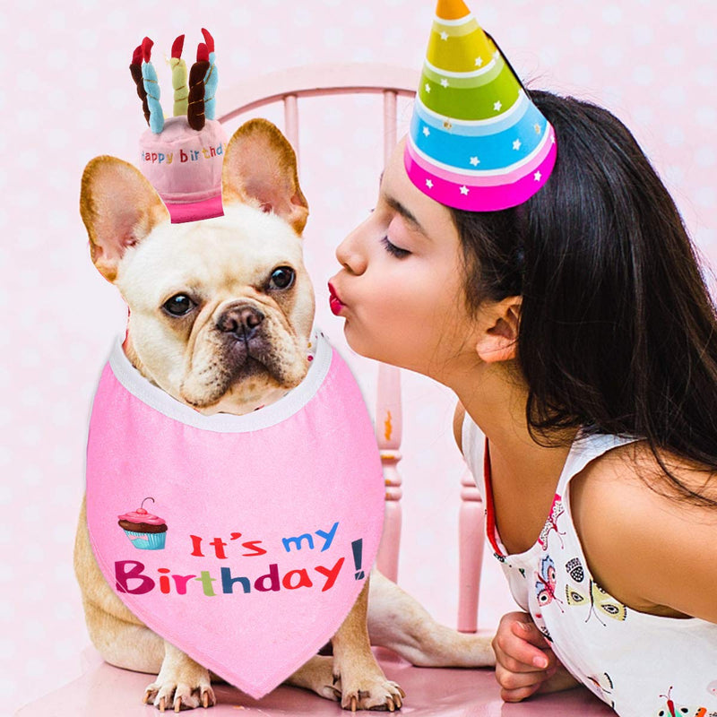 Ponacat Pet Dog Birthday Hat Bandana Set, Pet Birthday Hat Pet Headwear with a Cake and Candles Cute Triangle Scarfs Design for Pet Dog Birthday Party Home Happy Time Pink - PawsPlanet Australia
