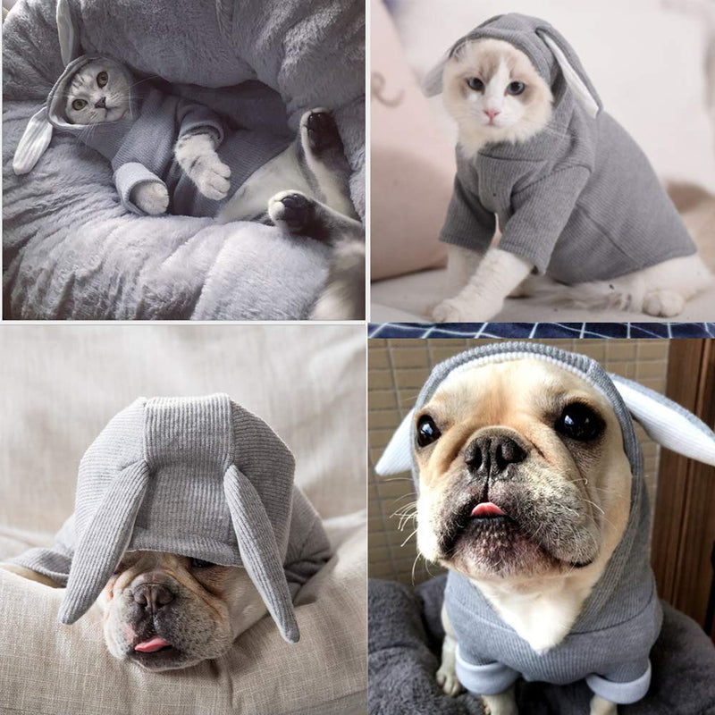 ANIAC Pet Hoodie Cat Rabbit Outfit with Bunny Ears Cute Sweatshirt Spring and Autumn Puppy Knitted Sweater Kitty Soft Knitwear X-Small Grey - PawsPlanet Australia