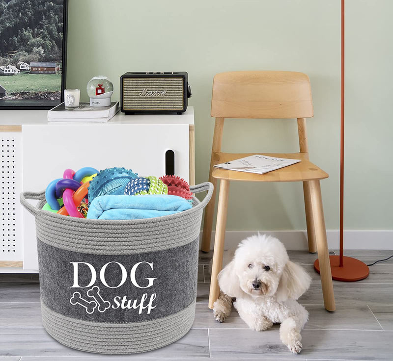 Morezi Cotton felt round dog toy box and dog toy basket storage with handle, doggie toy bin - Good idea for organizing pet toys, blankets, leashes, clothing, dry food and any doggie stuff - PawsPlanet Australia