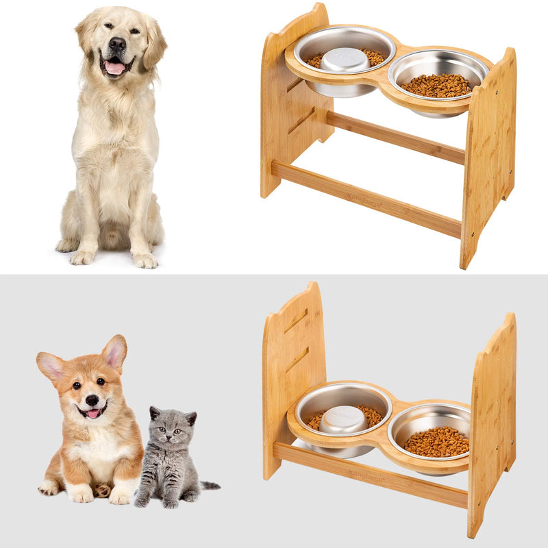 Yangbaga Raised Dog Bowl, Bamboo Elevated Dog Bowl for Dogs and Cats, 3 Adjustable Heights with 2 Stainless Steel Bowls, Comes with Anti-Slip Rubber Feet and Noise Preventing Pieces - PawsPlanet Australia