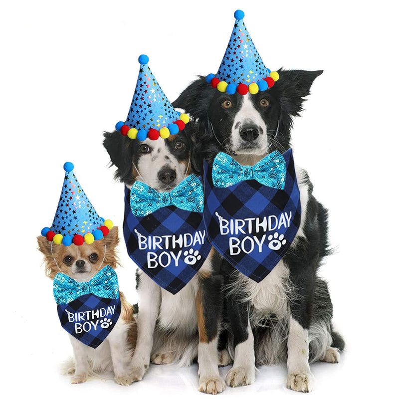 STMK Dog Birthday Party Supplies, Dog Birthday Bandana Boy Girl and Dog Birthday Party Hat with Dog Bow Tie Collar for Medium Large Dogs (Blue, Large) Blue L - PawsPlanet Australia