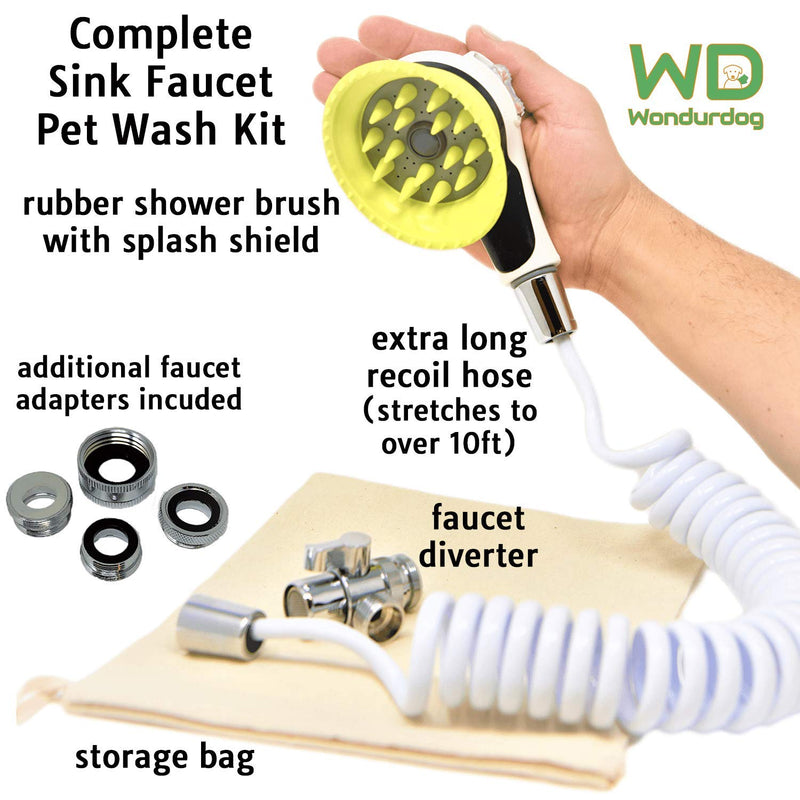 [Australia] - Wondurdog Quality Sink Faucet Pet Wash Kit | Innovative Shower Brush w/Splash Shield | 10ft Recoil Hose & Metal Faucet Diverter | Kitchen, Bathroom, Utility & Laundry Sinks | Faucet Adapters Included 