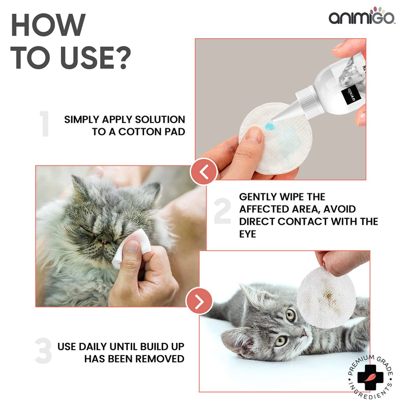 Animigo Tear Stain Remover Solution - Natural Cleansing Liquid For Tear & Saliva Stains on Cats & Dogs - Cleaner Supplement Treatment - No Bleach, Peroxide or Irritants - 118ml Liquid - PawsPlanet Australia