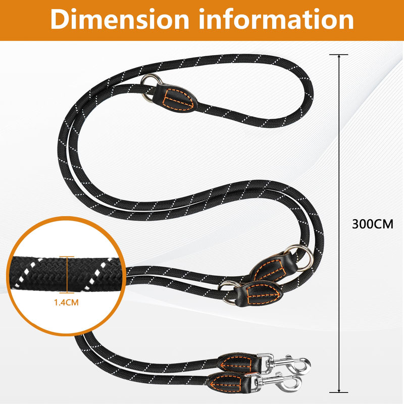 Dog leash 3 m adjustable for large and medium-sized dogs, adjustable double leash made of nylon with 2 carabiner hooks and 3 rings, dog leash 14 mm (black) - PawsPlanet Australia