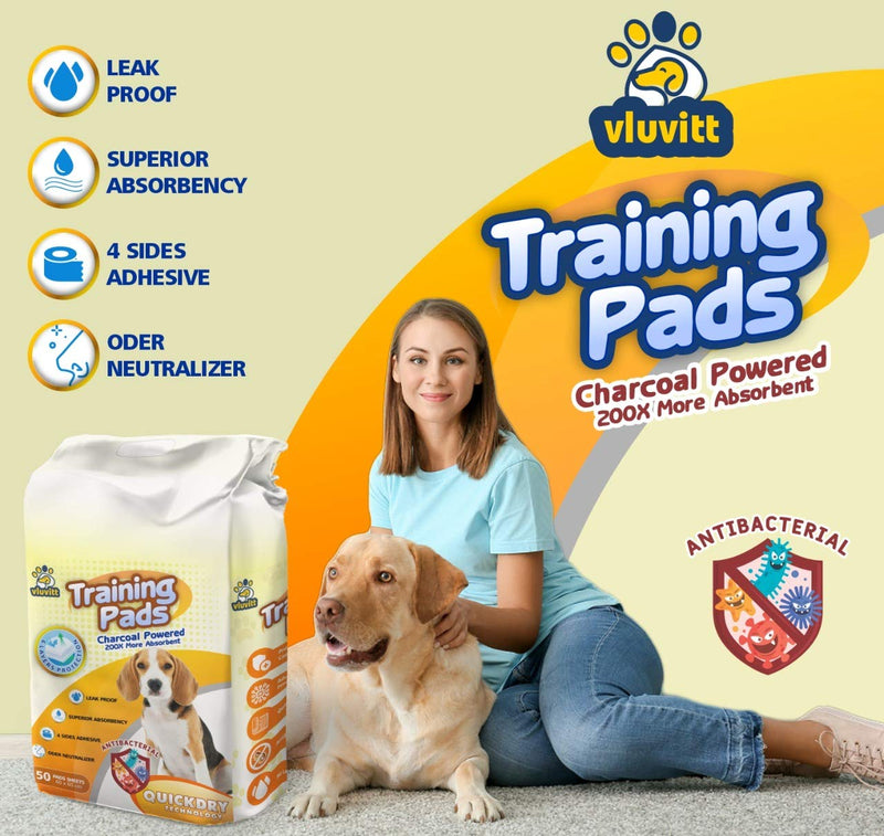 Vluvitt Premium Super Absorbent Puppy Training Pads Large 50 Pack with Quick Dry CHARCOAL Technology, Leak Proof 60 * 60cm - PawsPlanet Australia